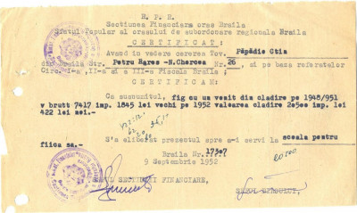 Z169 DOCUMENT VECHI-PAPADIE CONSTANTIN -CERTIFICAT PENTRU FICA SA LA SCOALA 1952 foto
