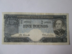 Rara! Bancnota Australia-Commonwealth 5 Pounds 1954-1959 foto