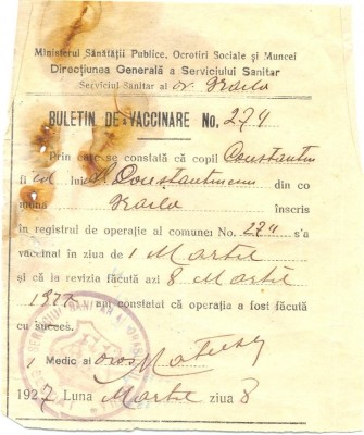 Z170 DOCUMENT VECHI-BULETIN DE VACCINARE, PENTRU CONSTANTIN CONSTANTINESCU -1927 foto