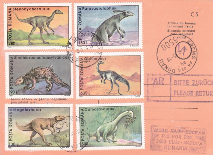 AVIS DE PRIMIRE,FRANCAT CU TIMBRE SERIE COMPLETA ANIMALE PREISTORIC 1995,ROMANIA