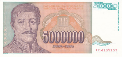 Bancnota Iugoslavia 5.000.000 Dinari 1993 - P132 UNC foto