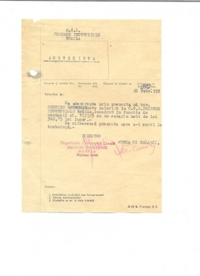 Z174 DOCUMENT VECHI- COCHINO GHEORGHE SALARIAT LA O.C.L. PROD. IND. BRAILA 1953 foto