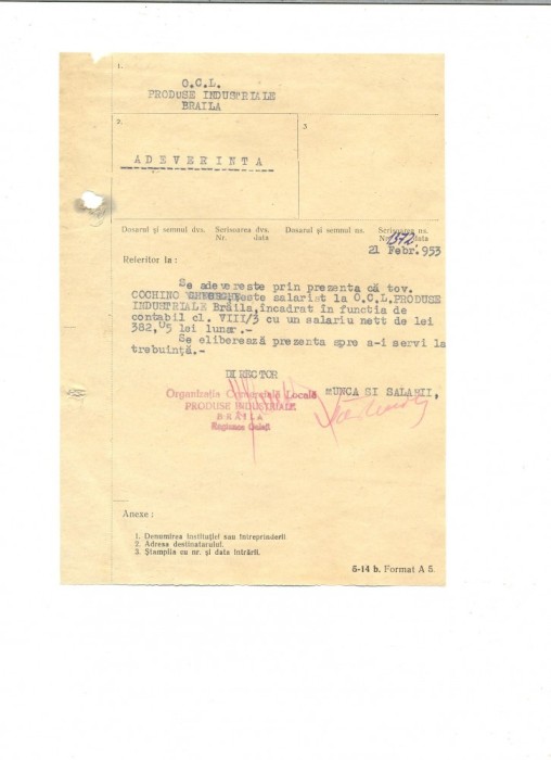 Z174 DOCUMENT VECHI- COCHINO GHEORGHE SALARIAT LA O.C.L. PROD. IND. BRAILA 1953