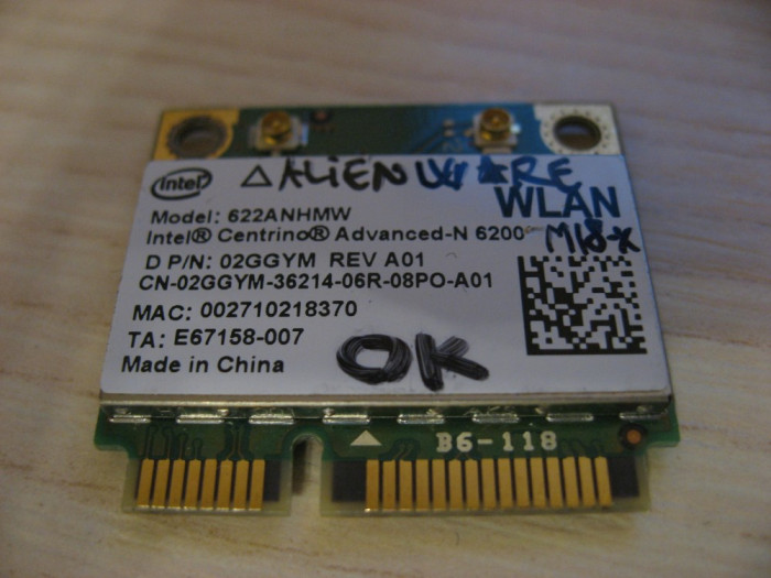 Placa wireless Dell Alienware M18x, Intel Centrino N 6200, 622ANHMW, 02GGYM