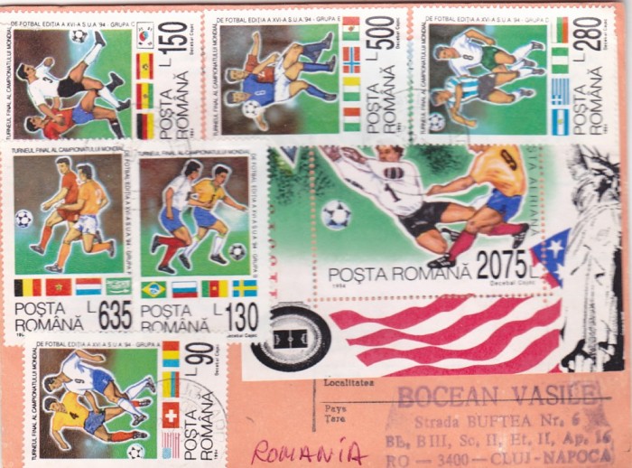AVIS DE PRIMIRE,FRANCAT CU TIMBRE SERIE COMPLETA FOOTBAL 1995,ROMANIA