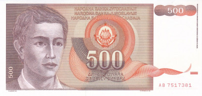 Bancnota Iugoslavia 500 Dinari 1991 - P109 UNC foto