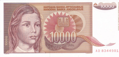 Bancnota Iugoslavia 10.000 Dinari 1992 - P116 UNC foto