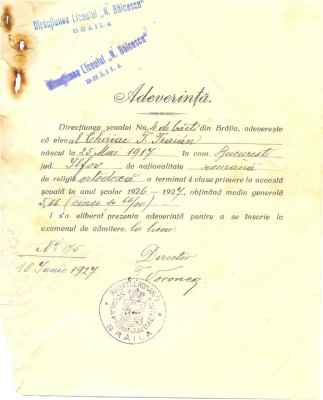 Z177 DOCUMENT VECHI-DIRECTIUNEA LICEULUI ,,N.BALCESCU&amp;quot; BRAILA-CHIRIAC T. TRAIAN foto