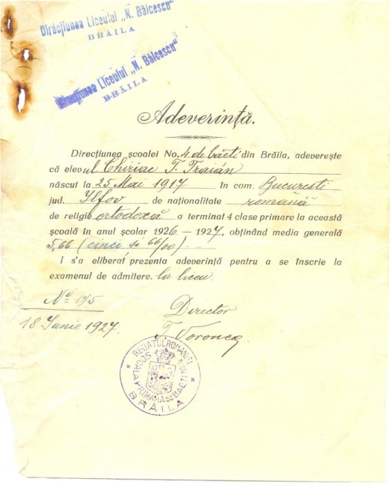Z177 DOCUMENT VECHI-DIRECTIUNEA LICEULUI ,,N.BALCESCU&quot; BRAILA-CHIRIAC T. TRAIAN