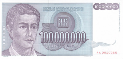 Bancnota Iugoslavia 100.000.000 Dinari 1993 - P124 UNC foto