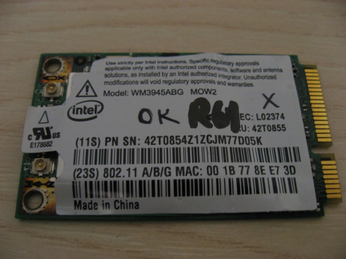 Placa wireless Lenovo ThinkPad R61, Intel WM3945ABG MOW2, 42T0855, L02374