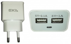 Incarcator Universal Usb cu 2 Porturi de 1A si 2.1 A EKA foto