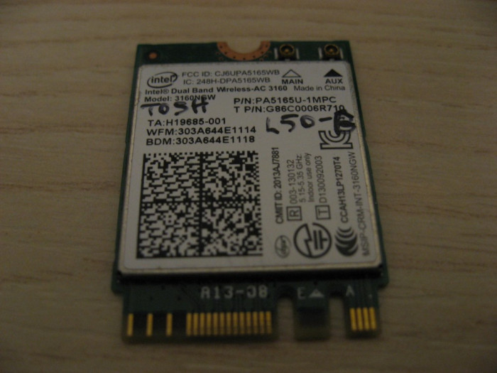 Placa wireless Toshiba Satellite L50-B, Intel AC 3160, PA5165U-1MPC G86C0006RB10
