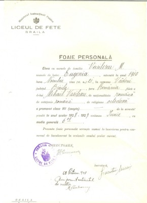 Z205 DOCUMENT VECHI -LICEUL DE FETE, BRAILA -FOAIE PERSONALA -VASILESCU EUGENIA foto