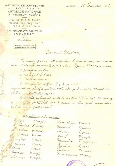 Z210 DOCUMENT VECHI- INSTITUTUL DE DOMNISOARE AL SOCIETATII ORTODOXE NATIONALE