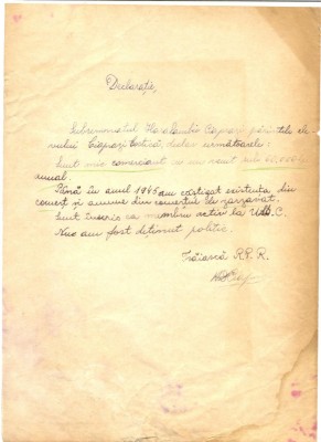 Z193 DOCUMENT VECHI-DECLARATIE CEAPRAZI HARALAMBIE, COPIL CIAPRAZI COSTICA 1945 foto