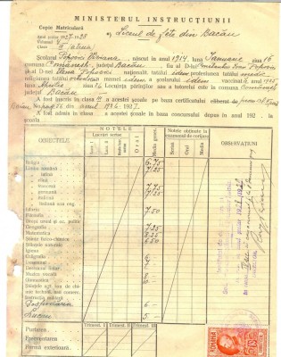 Z208 DOCUMENT VECHI -COPIE MATRICULARA -LICEUL DE FETE, BACAU-POPOVICI VIVIANA foto