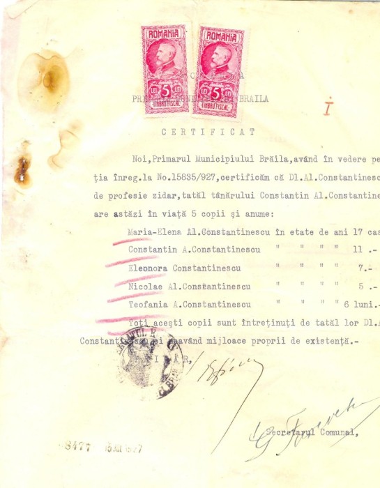 Z187 DOCUMENT VECHI- PRIMARIA MUNICIPIULUI BRAILA -CONSTANTIN AL. CONSTANTINESCU