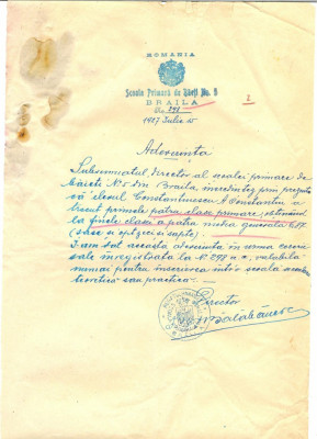 Z186 DOCUMENT VECHI- SCOALA PRIMARA DE BAIETI No.5- ANUL 1927 -CONSTANTINESCU A. foto