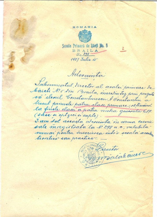 Z186 DOCUMENT VECHI- SCOALA PRIMARA DE BAIETI No.5- ANUL 1927 -CONSTANTINESCU A.