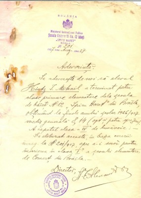 Z198 DOCUMENT VECHI -SCOALA COMUNALA No.12 BAETI ,,SPIRU HARET&amp;quot; BRAILA -1927 foto