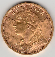 * Moneda 20 franci (francs) 1927 aur Elvetia (Helvetica) - P foto