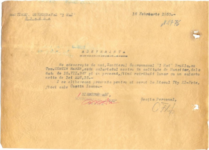 Z220 DOCUMENT VECHI -COSTIN MARIN -SANTIERUL SOVROMNAVAL ,,1 MAI&quot; BRAILA -1953