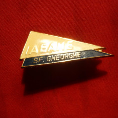 Insigna -Intreprinderea IEAME Sf.Gheorghe , metal si email , L= 3,8 cm