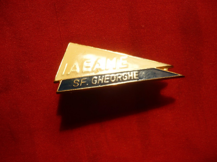 Insigna -Intreprinderea IEAME Sf.Gheorghe , metal si email , L= 3,8 cm