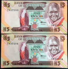 Lot/Set Bancnote 5 KWACHA - ZAMBIA: SERII CONSECUTIVE+NECIRCULATE cod 433 B foto