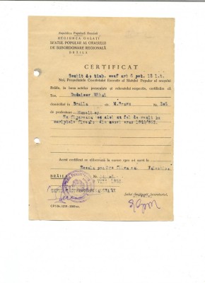Z217 DOCUMENT VECHI -DUDAICEV MIHAI ? -BRAILA- CERTIFICAT PENTRU FICA VALENTINA foto