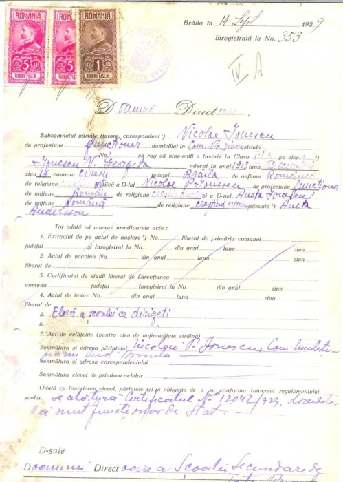 Z212 DOCUMENT VECHI -LICEUL DE FETE, BRAILA -NICOLAE IONESCU, FUNCTIONAR - 1929