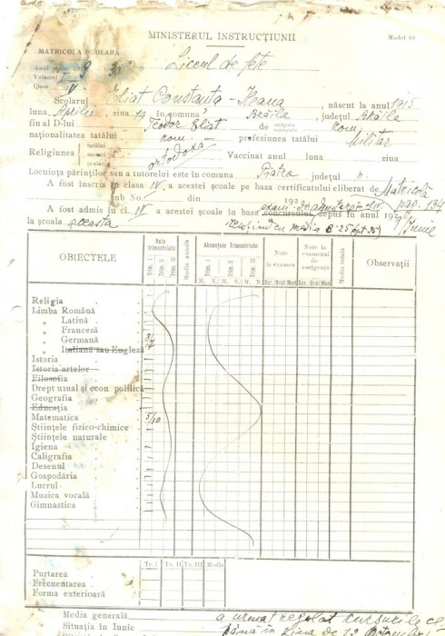 Z211 DOCUMENT VECHI -COPIE MATRICULARA -LICEUL DE FETE, PIATRA NEAMT -ELIAT