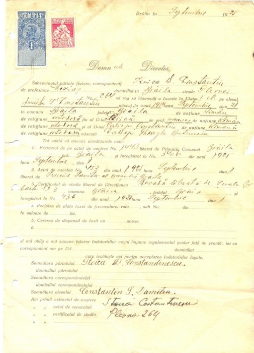 Z240 DOCUMENT VECHI -SCOALA COMERCIALA , BRAILA -STOICA D. CONSTANTIN -AN 1925