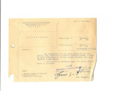 Z229 DOCUMENT VECHI - ,,INTREPR.METALURG.DUNARENE&amp;quot;BRAILA- A SERVI LA SCOALA 1952 foto