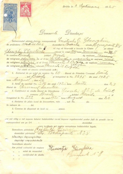 Z226 DOCUMENT VECHI -DOMNULUI DIRECTOR AL SCOALEI COMERCIALE, BRAILA -1925