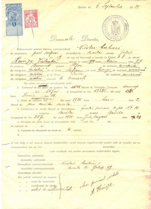Z222 DOCUMENT VECHI -SCOALA COMERCIALA ELEMENTARA SI SUPERIOARA, BRAILA -1925
