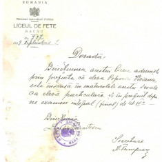 Z228 DOCUMENT VECHI - DOVADA - LICEUL DE FETE -BACAU -ANUL 1929-POPOVICI VIVIANA