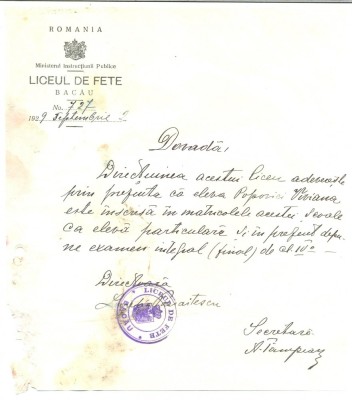 Z228 DOCUMENT VECHI - DOVADA - LICEUL DE FETE -BACAU -ANUL 1929-POPOVICI VIVIANA foto