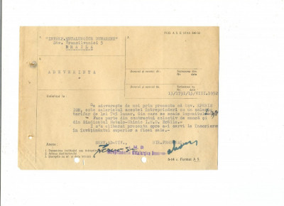 Z230 DOCUMENT VECHI - ,,INTREPR.METALURG.DUNARENE&amp;quot;BRAILA- A SERVI LA SCOALA 1952 foto