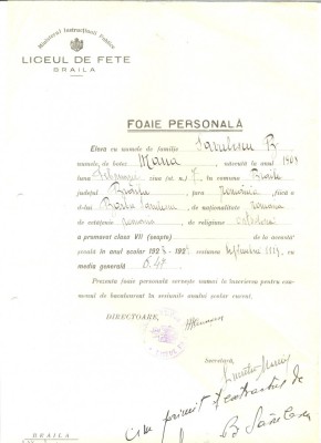 Z231 DOCUMENT VECHI - LICEUL DE FETE BRAILA -SAVULESCU B. MARIA -FISA PERSONALA foto