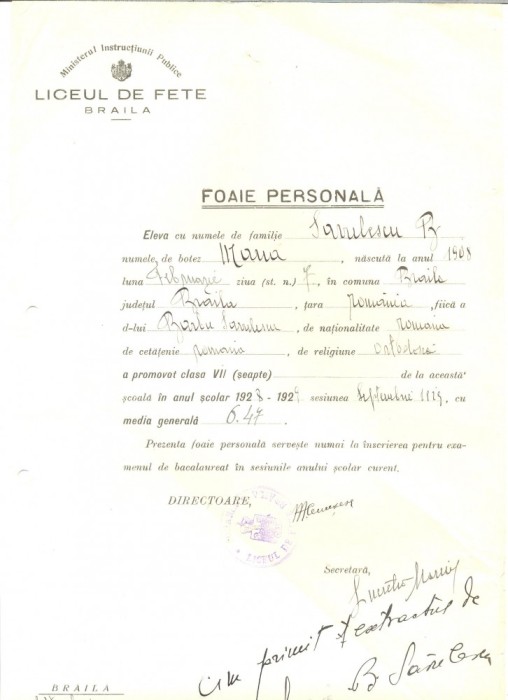 Z231 DOCUMENT VECHI - LICEUL DE FETE BRAILA -SAVULESCU B. MARIA -FISA PERSONALA