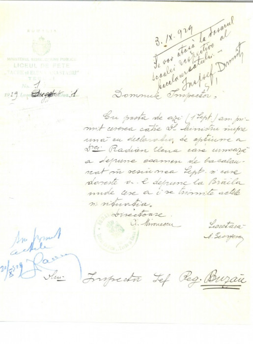 Z236 DOCUMENT VECHI -LICEUL DE FETE ,,TACHE SI ELENA ANASTASIU&quot; TECUCI -ANUL1929