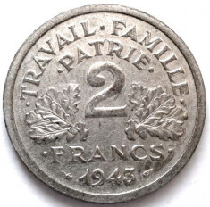 MOKAZIE , FRANTA , WW2 , 2 FRANCS 1943 , GUVERNUL DE LA VICHY , DIAMETRU 27mm. foto