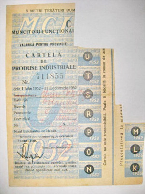 Fabrica Tesaturi 1952 Cupon Cartela produse industriale. Marimi: 14.5_8.5 cm. foto