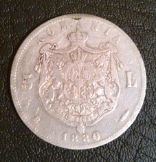 Moneda Din Argint Romania - 5 Lei 1880, Carol I Domnul, Kullrich Sub Gat foto