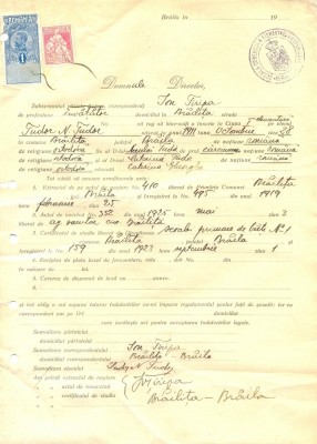 Z268 DOCUMENT VECHI -SCOALA COMERCIALA , BRAILA - ION TIRIPA -AN 1925 foto