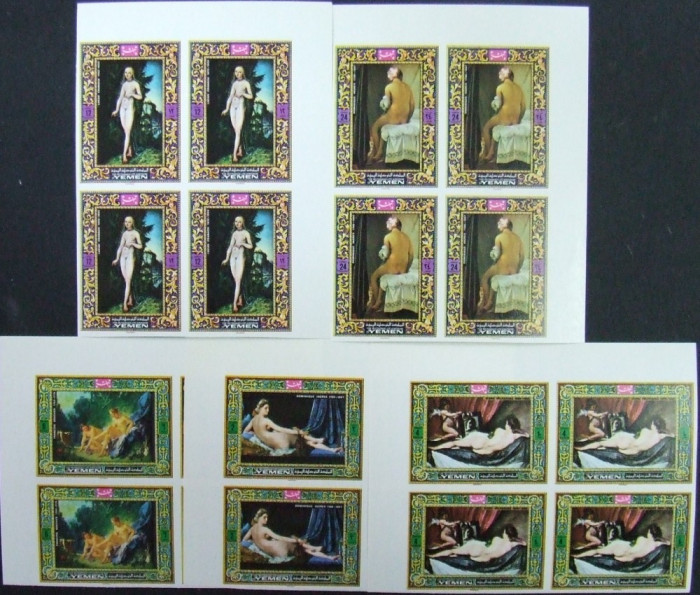 YEMEN K. - PICTURA NUDURI, 1969, 4 X 5 V IN BLOC DE 4, NED., NEOBLIT. - YK 47A