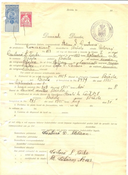 Z278 DOCUMENT VECHI -SCOALA COMERCIALA , BRAILA - STELIAN D. CUSTURA -AN 1925