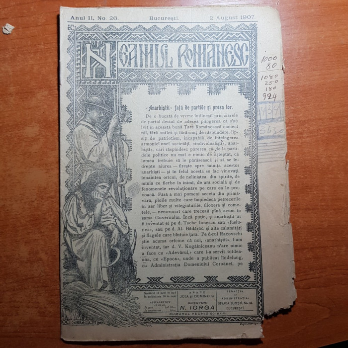 neamul romanesc 2 august 1907-art. chestia taraneasca de nicolae iorga,rascoala